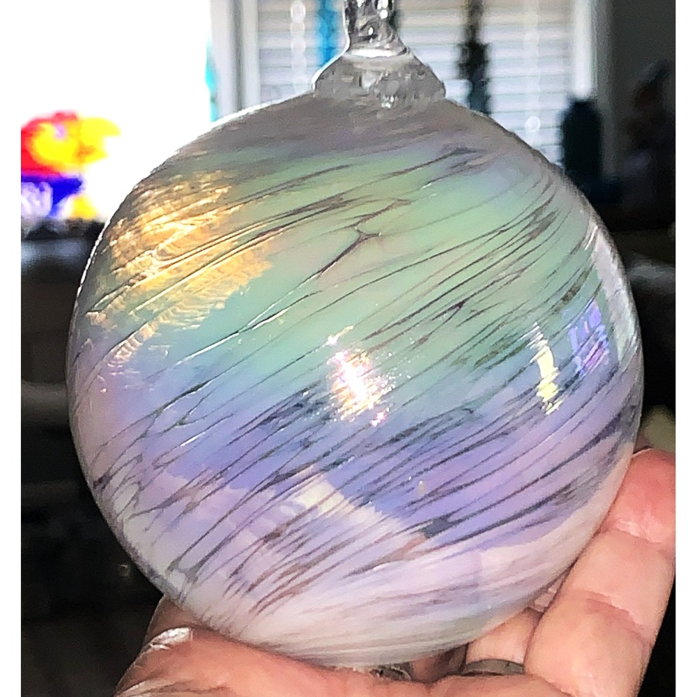 Dansk Blown Glass Spun Iridescent Pearl White Christmas Tree Ornament Ball 1980s
